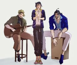 Rule 34 | 3boys, achilles (fate), acoustic guitar, beard, belt, black bow, black footwear, black hair, black pants, black shirt, blue footwear, blue jacket, bow, closed eyes, edward teach (fate), facial hair, fate/grand order, fate (series), goggles, goggles on head, green jacket, guitar, hair between eyes, haruakira, highres, holding, holding guitar, holding instrument, holding ladle, instrument, jacket, ladle, male focus, mandricardo (fate), multiple boys, music, open mouth, orange pants, pants, playing guitar, shirt, singing, sitting, standing, stool, white background, white belt, white footwear, white pants
