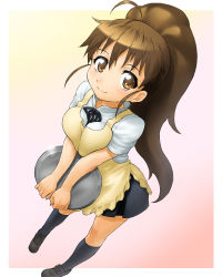 Rule 34 | 1girl, ahoge, apron, black socks, breasts, breasts squeezed together, brown eyes, brown hair, face, full body, gradient background, kneehighs, large breasts, long hair, onsoku inu, pink background, ponytail, skirt, smile, socks, solo, taneshima popura, tray, waitress, working!!