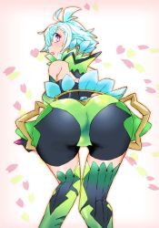 Rule 34 | 1boy, ass, bent over, blue hair, blush, bodysuit, floren (xenoblade), from behind, huge ass, looking back, male focus, nintendo, onnaski, open mouth, parted lips, purple eyes, shiny clothes, short hair, solo, thighhighs, trap, xenoblade chronicles (series), xenoblade chronicles 2