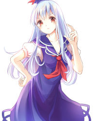 Rule 34 | 1girl, blue dress, blue hair, breasts, cleavage, collarbone, contrapposto, dress, hat, highres, kamishirasawa keine, kashiwagi chisame, long hair, neckerchief, puffy short sleeves, puffy sleeves, red eyes, shirt, short sleeves, silver hair, simple background, solo, standing, touhou, very long hair