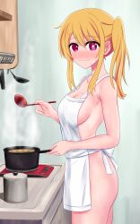 Rule 34 | 1girl, @ @, absurdres, apron, blonde hair, blush, breasts, cleavage, cooking, food, highres, hoshino ruby, izunomi, kitchen, long hair, looking at viewer, medium breasts, naked apron, one side up, oshi no ko, red eyes, sideboob, solo, soup, spoon