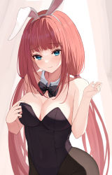 Rule 34 | 1girl, adjusting clothes, alternate costume, animal ears, bare shoulders, black bow, black bowtie, black leotard, black pantyhose, blue eyes, blush, bow, bowtie, breasts, cleavage, closed mouth, collar, covered navel, detached collar, fake animal ears, genshin impact, gradient background, highleg, highleg leotard, highres, i ruru, large breasts, leotard, long hair, looking at viewer, low twintails, nilou (genshin impact), pantyhose, playboy bunny, raised eyebrows, red hair, sidelocks, solo, strapless, strapless leotard, twintails, white collar, wide hips
