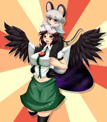 Rule 34 | 2girls, :d, animal ears, black hair, black legwear, blush, bow, breasts, cape, capelet, carrying, female focus, grey hair, hair bow, highres, large breasts, midriff, mouse (animal), mouse ears, mouse tail, multiple girls, navel, nazrin, open mouth, red eyes, reiuji utsuho, safurantora, short hair, shoulder carry, skirt, smile, tail, thighhighs, third eye, touhou, wings