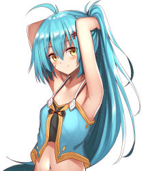 Rule 34 | 1girl, antenna hair, armpits, arms behind head, arms up, bare arms, bare shoulders, blue hair, blush, breasts, camisole, closed mouth, collarbone, crop top, scar on face, hair ornament, hairclip, long hair, looking at viewer, mahcdai, midriff, navel, original, planol note, ponytail, scar, scar on cheek, scar on face, shirt, simple background, sleeveless, sleeveless shirt, small breasts, smile, solo, upper body, white background, yellow eyes