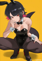 1girl animal_ears black_bow black_bowtie black_hair black_leotard black_pantyhose bow bowtie breasts candy cleavage colored_inner_hair detached_collar ellen_joe fake_animal_ears fins fish_tail floffyfam food food_in_mouth highres leotard lollipop looking_at_viewer medium_breasts mole mole_under_eye multicolored_hair orange_background pantyhose playboy_bunny rabbit_ears red_eyes red_hair shark_girl shark_tail short_hair simple_background solo squatting strapless strapless_leotard tail wrist_cuffs zenless_zone_zero