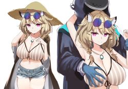 Rule 34 | 1girl, 1other, animal ear fluff, animal ears, arknights, artist name, bikini, bikini top only, black coat, blonde hair, blue gloves, blue shorts, breasts, brown coat, closed mouth, coat, commentary, cowboy shot, denim, denim shorts, doctor (arknights), english commentary, eyewear on head, fang, gloves, grabbing, grabbing another&#039;s breast, grabbing from behind, hair ornament, hairclip, hat, highres, holding another&#039;s arm, hood, hooded coat, huge breasts, jewelry, looking at viewer, navel, necklace, official alternate costume, open clothes, open coat, purple eyes, short hair, shorts, simple background, skin fang, smile, solo, straw hat, striped bikini, striped clothes, sunglasses, swimsuit, swimsuit cover-up, utage (arknights), utage (summer flowers) (arknights), vertical-striped bikini, vertical-striped clothes, white background, xooku