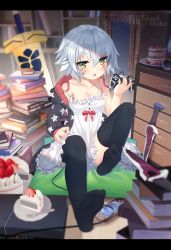 Rule 34 | 1girl, absurdres, apron, black thighhighs, blush, book, bookshelf, cable, cake, cake slice, collarbone, console, controller, fate/apocrypha, fate (series), food, frills, hair between eyes, heterochromia, highres, holding, jack the ripper (fate/apocrypha), knife, looking at viewer, mirror, mirrorks, open mouth, pancake, scar, short hair, silver hair, sitting, solo, sword, thighhighs, weapon, white apron