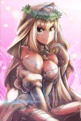Rule 34 | 10s, 1girl, ahoge, between legs, blonde hair, breasts, bridal veil, chain, closed mouth, detached sleeves, elbow gloves, eyebrows, fate/extra, fate/extra ccc, fate (series), full-length zipper, gloves, green eyes, hair between eyes, hair intakes, hand between legs, head wreath, highres, leaf, leotard, light particles, lock, long hair, long sleeves, medium breasts, nero claudius (bride) (fate), nero claudius (bride) (third ascension) (fate), nero claudius (fate), nero claudius (fate) (all), petals, puffy long sleeves, puffy sleeves, smile, solo, strapless, strapless leotard, tanashi (mk2), thigh strap, thighhighs, v-shaped eyebrows, veil, white gloves, white leotard, white thighhighs, wide sleeves, zipper, zipper pull tab