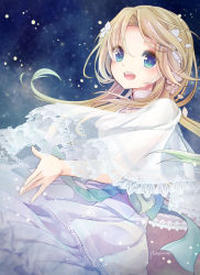 Rule 34 | 1girl, :d, blonde hair, blue eyes, capelet, commentary request, dress, flower, gradient hair, green eyes, green hair, hair flower, hair ornament, highres, long hair, multicolored hair, open mouth, original, parted bangs, petals, see-through, smile, solo, very long hair, white dress, white flower, yonema