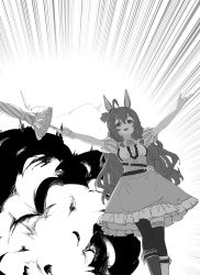 Rule 34 | 1girl, absurdres, ahoge, animal ears, arms up, asymmetrical legwear, braid, commentary request, explosion, greyscale, gryebooks, hair between eyes, highres, horse ears, horse tail, looking up, mejiro bright (umamusume), monochrome, open mouth, solo, tail, thighhighs, twin braids, umamusume, umbrella