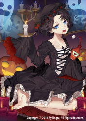 Rule 34 | 1girl, bad id, bad pixiv id, black dress, black hair, blue eyes, bottle, candle, carchet, copyright name, dress, ghost, gothic lolita, halloween, ketchup, ketchup bottle, lolita fashion, looking at viewer, official art, open mouth, pumpkin, seiza, short hair, sid story, sitting