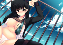 Rule 34 | 1girl, black eyes, black hair, breasts, clothes lift, cloud, day, dutch angle, fence, large breasts, long hair, necktie, nipple slip, nipples, no pants, open clothes, open shirt, original, panties, partially visible vulva, railing, school uniform, see-through, shirt, shirt lift, sitting, sky, solo, takano miki, thighhighs, underwear