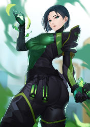 Rule 34 | 1girl, absurdres, animification, armor, ass, belt, black belt, black bodysuit, black hair, blurry, blurry background, bodysuit, breasts, colored smoke, covered mouth, cowboy shot, explosive, forehead, from behind, green bodysuit, green eyes, colored smoke, grenade, hand up, highres, holding, holding grenade, holster, kagematsuri, lips, looking at viewer, looking back, looking down, medium breasts, no mask, parted lips, poison, respirator, short hair, shoulder armor, smoke, solo, thighhighs, twisted torso, twitter username, two-tone bodysuit, valorant, vial, viper (valorant)