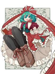 1girl absurdres boots bow breasts commission dress frilled_dress frills front_ponytail green_eyes green_hair hair_ribbon highres kagiyama_hina looking_at_viewer red_bow red_dress red_ribbon ribbon skeb_commission smile solo tatutaniyuuto touhou