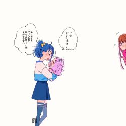 Rule 34 | +++, 3girls, aoi tete, artist logo, blue hair, blue shirt, blue skirt, blue thighhighs, bow, brown hair, casual, closed eyes, closed mouth, ellee-chan, from side, hair bow, highres, hijiri ageha, hirogaru sky! precure, long hair, long sleeves, looking at another, medium hair, miniskirt, motion lines, multiple girls, notice lines, pleated skirt, precure, purple hair, shirt, side ponytail, simple background, skirt, smile, sora harewataru, standing, thighhighs, translated, two side up, white background, yellow bow