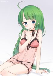 Rule 34 | 1girl, :p, arm support, bare arms, bare shoulders, blue eyes, braid, breasts, closed mouth, collarbone, green hair, hand up, head tilt, kantai collection, lingerie, long hair, masuishi kinoto, medium breasts, mole, mole under mouth, navel, negligee, panties, pink panties, see-through, side-tie panties, single braid, sitting, smile, solo, tongue, tongue out, twitter username, underwear, very long hair, yuugumo (kancolle)