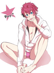 Rule 34 | 1boy, :p, a3!, bad id, bad pixiv id, barefoot, blue eyes, bulge, collarbone, earrings, highres, hood, hoodie, indian style, jewelry, looking at viewer, male focus, nanao taichi, pink hair, pony (user ewtx7873), short hair, sitting, smile, solo, teeth, tongue, tongue out, unzipped, zipper pull tab