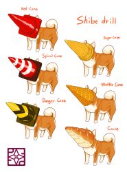 Rule 34 | animal, animal focus, artist logo, commentary, commentary request, dog, english commentary, english text, from side, full body, ice cream cone, lilac (p-f easy), no humans, original, shiba inu, simple background, solo, standing, traffic cone, traffic cone on head, variations, waffle cone, white background