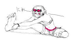 Rule 34 | 1girl, :d, absurdres, barefoot, breasts, goggles, goggles on head, highres, light blush, medium breasts, monochrome, navel, niwamaru (niwarhythm), niwarhythm, on floor, open mouth, original, pink eyes, pink trim, shadow, sitting, sketch, small breasts, smile, soles, solo, strapless, stretching, toenails, toes, translation request, tube top, white background, wristband