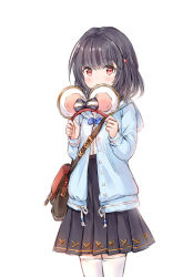 Rule 34 | 1girl, animal ears, bag, black bow, black hair, black skirt, blue bow, blue bowtie, blue jacket, blush, bow, bowtie, commentary request, fake animal ears, granblue fantasy, hair ornament, hairband, holding, hood, hood down, hooded jacket, jacket, long sleeves, looking at viewer, mouse ears, open clothes, open jacket, pleated skirt, red eyes, red hairband, shirt, shoulder bag, simple background, skirt, sleeves past wrists, solo, striped, striped bow, thighhighs, vikala (granblue fantasy), wataame27, white background, white shirt, white thighhighs