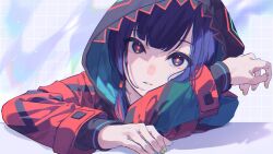 Rule 34 | 1girl, black jacket, black shirt, blue eyes, blue hair, blue nails, commentary, elbows on table, grid background, hair over shoulder, head rest, highres, hood, hood up, hooded jacket, jacket, kamitsubaki studio, long sleeves, looking at viewer, low ponytail, multicolored clothes, multicolored eyes, multicolored hair, multicolored jacket, multicolored nails, parted lips, red eyes, red hair, red jacket, rim (kamitsubaki studio), ritao kamo, shadow, shirt, solo, streaked hair, symbol-only commentary, table, upper body, virtual youtuber, yellow nails, yellow pupils