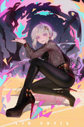 Rule 34 | 1boy, absurdres, androgynous, ankle boots, belt, bishounen, black nails, black pants, boots, cross-laced footwear, crossdressing, earrings, fire, foreshortening, green hair, high heel boots, high heels, highres, jewelry, lace-up boots, lio fotia, looking at viewer, male focus, nail polish, open mouth, pants, ponytail, promare, purple eyes, pyrokinesis, ribbon, see-through, short hair, solo, ziiiing