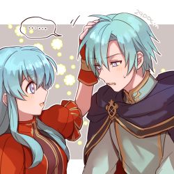 Rule 34 | 1boy, 1girl, aqua hair, artist name, blue eyes, brother and sister, eirika (fire emblem), ephraim (fire emblem), fingerless gloves, fire emblem, fire emblem: the sacred stones, from side, gloves, hand on another&#039;s head, long hair, nana (nanalog76), nintendo, parted lips, red gloves, short hair, short sleeves, siblings, twins