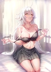 Rule 34 | 1girl, ahoge, alternate costume, bare shoulders, black bra, black skirt, blush, bra, breasts, cleavage, commentary, fate/grand order, fate (series), highres, jeanne d&#039;arc (fate), jeanne d&#039;arc alter (avenger) (fate), jeanne d&#039;arc alter (fate), large breasts, long hair, looking at viewer, navel, parted lips, pleated skirt, sitting, skirt, solar (happymonk), solo, teeth, underwear