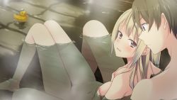 Rule 34 | 1girl, bath, blonde hair, blush, grabbing another&#039;s breast, breasts, brown eyes, embarrassed, game cg, grabbing, legs, long hair, looking at another, navel, nipples, nude, open mouth, partially submerged, sakura nikagetsu, sitting, small breasts, steam, thighs, water, wet