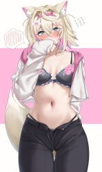 Rule 34 | 1girl, animal ear fluff, animal ears, black bra, black pants, blonde hair, blue eyes, blush, bra, breasts, collarbone, dog ears, dog girl, dog tail, flying sweatdrops, highres, hololive, hololive english, long sleeves, looking at viewer, mococo abyssgard, multicolored hair, pants, pink hair, short hair, small breasts, solo, streaked hair, tail, underwear, unzipped, virtual youtuber, yobi (ybpac18)