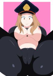 Rule 34 | 1girl, areola slip, ass, black bodysuit, bodysuit, boku no hero academia, border, breasts, brown eyes, brown hair, cameltoe, catsuit, chelsea cola v, cleavage, collar, from below, hat, highres, large breasts, long hair, metal collar, navel, no bra, open bodysuit, open clothes, peaked cap, pink background, smile, solo, spread legs, underboob, utsushimi kemii, white border, zipper pull tab
