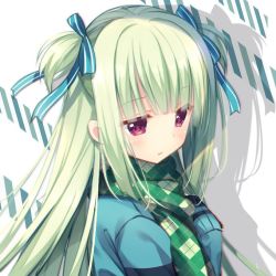 Rule 34 | 1girl, blue bow, blue jacket, blush, bow, cariboy, diagonal stripes, green hair, green scarf, hair bow, hands up, jacket, long hair, long sleeves, looking away, murasame (senren), parted lips, plaid, plaid scarf, purple eyes, scarf, senren banka, shadow, sidelocks, sleeves past fingers, sleeves past wrists, solo, striped, striped bow, two side up