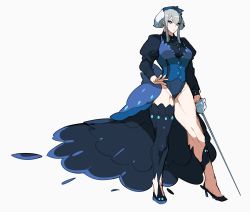 Rule 34 | &gt;:(, 1girl, bad id, bad twitter id, black footwear, black thighhighs, blue eyes, breasts, closed mouth, creatures (company), frown, full body, game freak, gen 7 pokemon, grey hair, hair between eyes, high heels, highres, holding, holding sword, holding weapon, kz 609, legs, leotard, long sleeves, looking away, looking to the side, medium breasts, muscular, muscular female, nintendo, personification, pokemon, pokemon sm, puffy long sleeves, puffy sleeves, rapier, shoes, short hair, showgirl skirt, sidelocks, simple background, single thighhigh, solo, standing, sword, thick thighs, thighhighs, thighs, v-shaped eyebrows, weapon, white background, wishiwashi, wishiwashi (school)