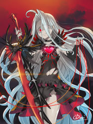 Rule 34 | 1girl, alternate skin color, artist name, black choker, black dress, blue hair, choker, commentary, corruption, cowboy shot, dark persona, detached sleeves, dress, gluteal fold, granblue fantasy, grin, highres, holding, holding sword, holding weapon, long hair, looking at viewer, lyria (granblue fantasy), nail polish, obui, pale skin, puppet strings, red background, red nails, signature, sleeveless, smile, string, string of fate, sword, thighs, torn clothes, very long hair, weapon