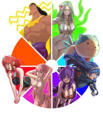 Rule 34 | 1boy, 5girls, absurdres, animal, armpits, arms up, bare shoulders, bikini, blue dress, blue hair, breasts, cleavage, color wheel challenge, commentary, dress, english commentary, fire emblem, fire emblem: three houses, fire emblem engage, fire emblem warriors: three hopes, flower, green eyes, green hair, hair flower, hair ornament, highres, hilda valentine goneril, kronk, large breasts, long hair, lucina (fire emblem), multiple drawing challenge, multiple girls, navel, nintendo, pink hair, pomelomelon, purple eyes, purple hair, pyra (xenoblade), rhea (fire emblem), rhea (summer) (fire emblem), shez (female) (fire emblem), shez (fire emblem), simple background, sommie (fire emblem), stomach, swimsuit, the emperor&#039;s new groove, tiara, topless male, twintails, white background, white bikini, white flower, xenoblade chronicles (series), xenoblade chronicles 2