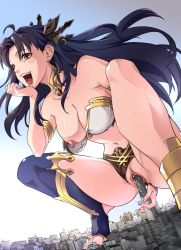 Rule 34 | 1girl, anklet, armlet, asymmetrical legwear, breasts, building, building sex, city, clitoris, cloud, crown, day, dildo, dildo riding, earrings, erect clitoris, fate/grand order, fate (series), female masturbation, giant, giantess, gts vivian, highres, hoop earrings, ishtar (fate), jewelry, large breasts, long hair, long legs, masturbation, navel, neck ring, nipples, object insertion, open mouth, outdoors, parted bangs, pussy, pussy juice, red eyes, sex toy, single thighhigh, sky, solo, spread legs, squatting, sweat, thighhighs, tiara, toeless legwear, uncensored, uneven legwear, vaginal, vaginal object insertion