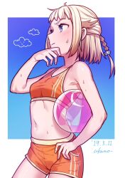 Rule 34 | 1girl, ai kusunoki, armpit crease, ball, beachball, blonde hair, blue background, blush, border, braid, braided ponytail, carrying, carrying under arm, cevio, cloud, commentary request, cowboy shot, crop top, dated, gradient background, hair flaps, hand up, looking ahead, midriff, navel, one (cevio), orange shorts, orange tank top, outside border, short hair, short ponytail, short shorts, shorts, sidelocks, signature, solo, sportswear, sweat, tank top, v-shaped eyebrows, very sweaty, white border
