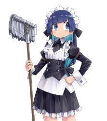 Rule 34 | 1girl, apron, aqua hair, black bow, blue eyes, blue hair, blush, bow, closed mouth, diagonal bangs, dress, frills, hair bow, hand on own hip, highres, holding, holding mop, juliet sleeves, long hair, long sleeves, low-tied long hair, maid, maid headdress, mop, original, puffy sleeves, simple background, solo, white apron, white background, yachima tana