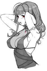 Rule 34 | 1girl, antenna hair, armlet, armpits, arms up, breasts, breath, choker, cleavage, covered navel, dress, dsr-50 (girls&#039; frontline), dsr-50 (highest bid) (girls&#039; frontline), front-tie top, girls&#039; frontline, greyscale, hands in hair, heart, heart-shaped pupils, jorin, large breasts, monochrome, official alternate costume, red eyes, sidelocks, simple background, solo, spot color, strap gap, symbol-shaped pupils, tongue, tongue out