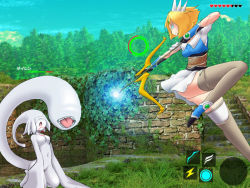 Rule 34 | 2girls, ass, blonde hair, blue eyes, bow (weapon), camel (dansen), cosplay, crossover, fake screenshot, female focus, jumping, khezu, link (cosplay), milia, milia wars, monster girl, monster hunter (series), multiple girls, nintendo, open mouth, outdoors, parody, personification, profile, the legend of zelda, the legend of zelda: breath of the wild, weapon