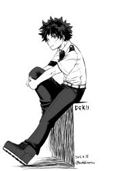 Rule 34 | 1boy, belt, boku no hero academia, buthikireta, character name, commentary request, dated, freckles, from side, full body, greyscale, highres, knee up, looking at viewer, male focus, midoriya izuku, monochrome, necktie, own hands together, pants, shirt, shoes, short hair, short sleeves, simple background, sitting, smile, solo, twitter username, white background