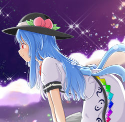 Rule 34 | 1girl, black hat, blue hair, blush, closed mouth, food, food-themed hat ornament, from side, fruit, fruit hat ornament, hat, hat ornament, highres, hinanawi tenshi, long hair, peach, peach hat ornament, rainbow gradient, red eyes, rozugadena, shirt, short sleeves, smile, solo, touhou, white shirt