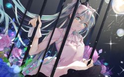 Rule 34 | 1girl, absurdly long hair, aqua eyes, aqua hair, artist name, artist request, bare shoulders, black bow, black skirt, blue eyes, blue hair, bow, breasts, cage, collared dress, dress, female focus, flower, hatsune miku, highres, holding bars, long hair, parted lips, skirt, small breasts, smile, solo, twintails, very long hair, vocaloid, white bow, white dress, white wrist cuffs, wrist cuffs, yonanaking