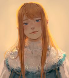 Rule 34 | 1girl, blue dress, blue eyes, commentary, dress, freckles, fur trim, head tilt, long hair, looking at viewer, noccu, orange hair, original, simple background, smile, solo, upper body, yellow background