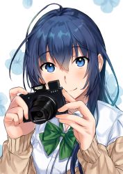 Rule 34 | 1girl, ahoge, blue eyes, blue flower, blue hair, blurry, blush, bow, bowtie, camera, cardigan, closed mouth, collared shirt, commentary request, floral background, flower, green bow, green bowtie, hair between eyes, hands up, holding, holding camera, long hair, long sleeves, looking at viewer, off shoulder, original, sanpaku, school uniform, shirt, sidelocks, sleeves past wrists, smile, solo, tan (tangent), upper body, white background, white shirt