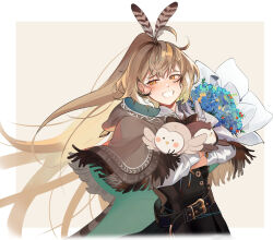 Rule 34 | 1girl, ahoge, belt, blush, bouquet, brown capelet, brown cloak, brown corset, brown eyes, brown hair, cape, capelet, cloak, corset, crossed bangs, eus ing, feather hair ornament, feathers, flower, gloves, grin, hair ornament, hairclip, half-closed eyes, hieroglyphics, highres, holding, holding bouquet, hololive, hololive english, hooman (nanashi mumei), long hair, looking to the side, multicolored hair, nanashi mumei, nanashi mumei (1st costume), ponytail, ribbon, runes, shirt, simple background, smile, streaked hair, very long hair, virtual youtuber, white shirt