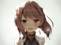 Rule 34 | 10s, 1girl, aida takanobu, bad id, bad pixiv id, blush, brown eyes, brown hair, close-up, female focus, headband, headgear, kantai collection, lens flare, looking at viewer, open mouth, portrait, smile, solo, taihou (kancolle)