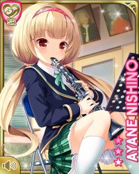 Rule 34 | 1girl, blonde hair, blue jacket, card, chair, character name, clarinet, closed mouth, frown, girlfriend (kari), green neckwear, green skirt, headband, holding, indoors, instrument, jacket, nishino ayane, official art, painting (action), plaid, plaid skirt, qp:flapper, red eyes, school uniform, shirt, skirt, socks, standing, tagme, twintails, white shirt, window