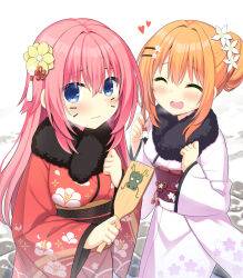 Rule 34 | 2girls, ^ ^, alternate costume, alternate hairstyle, blue eyes, blush, breath, chinese zodiac, clenched hands, closed eyes, closed mouth, colored eyelashes, commentary request, cowboy shot, drawn whiskers, facing another, floral print, flower, frown, fur-trimmed kimono, fur trim, furisode, hair bun, hair down, hair flower, hair ornament, hairclip, hamidashi creative, hands up, heart, highres, japanese clothes, kanzashi, kimono, long hair, long sleeves, looking at viewer, medium hair, multiple girls, open mouth, orange hair, outdoors, pink hair, red kimono, ryuukan ameri, shy, sidelocks, simple background, single hair bun, smile, tokiwa kano, utsunomiya tsumire, very long hair, white background, white flower, white kimono, wide sleeves, winter, year of the dragon, yellow flower