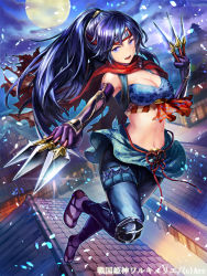 Rule 34 | &gt;:), 1girl, armor, bandeau, black hair, blue eyes, breasts, cleavage, elbow gloves, foreshortening, full body, full moon, glint, gloves, headband, holster, japanese armor, karasuba yomi, kote, kunai, large breasts, long hair, looking at viewer, moon, navel, night, ninja, official art, on roof, parted lips, ponytail, purple gloves, red scarf, scarf, sengoku kishin valkyrie, shuriken, solo, stomach, tabi, thigh holster, v-shaped eyebrows, weapon
